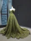 High-end Clover Green Velour Evening Dresses  2023 A-Line / Princess Off-The-Shoulder Short Sleeve Appliques Lace Beading Court Train Ruffle Backless Formal Dresses