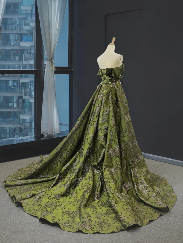 High-end Clover Green Velour Evening Dresses  2023 A-Line / Princess Off-The-Shoulder Short Sleeve Appliques Lace Beading Court Train Ruffle Backless Formal Dresses