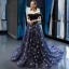 Chic / Beautiful Royal Blue Velour Evening Dresses  2023 A-Line / Princess Off-The-Shoulder Short Sleeve Glitter Appliques Star Chapel Train Ruffle Backless Formal Dresses