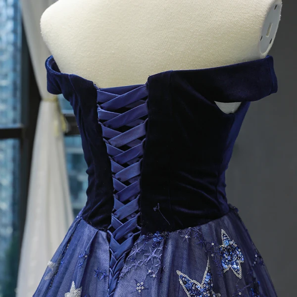 Chic / Beautiful Royal Blue Velour Evening Dresses  2023 A-Line / Princess Off-The-Shoulder Short Sleeve Glitter Appliques Star Chapel Train Ruffle Backless Formal Dresses