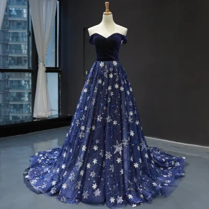 Chic Belle Bleu Roi Velour Robe De Soirée 2023 Princesse De L Épaule Manches Courtes Glitter Appliques Étoile Chapel Train Volants Dos Nu Robe De Ceremonie