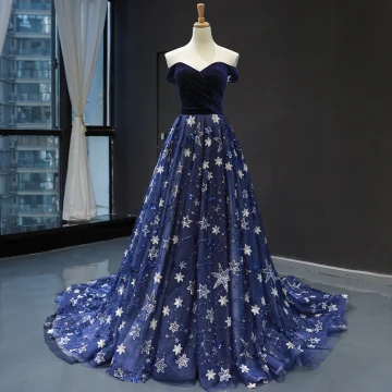Chic Beautiful Royal Blue Velour Evening Dresses 2023 A Line Princess Off The Shoulder Short Sleeve Glitter Appliques Star Chapel Train Ruffle Backless Formal Dresses