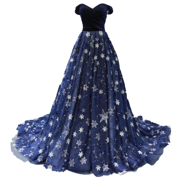 Chic / Beautiful Royal Blue Velour Evening Dresses  2023 A-Line / Princess Off-The-Shoulder Short Sleeve Glitter Appliques Star Chapel Train Ruffle Backless Formal Dresses
