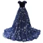 Chic / Beautiful Royal Blue Velour Evening Dresses  2023 A-Line / Princess Off-The-Shoulder Short Sleeve Glitter Appliques Star Chapel Train Ruffle Backless Formal Dresses