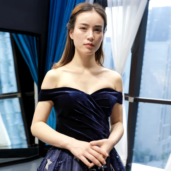 Chic / Beautiful Royal Blue Velour Evening Dresses  2023 A-Line / Princess Off-The-Shoulder Short Sleeve Glitter Appliques Star Chapel Train Ruffle Backless Formal Dresses