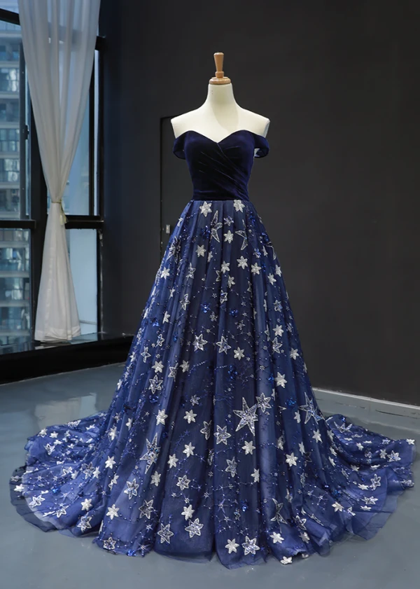 Chic / Beautiful Royal Blue Velour Evening Dresses  2023 A-Line / Princess Off-The-Shoulder Short Sleeve Glitter Appliques Star Chapel Train Ruffle Backless Formal Dresses