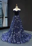 Chic / Beautiful Royal Blue Velour Evening Dresses  2023 A-Line / Princess Off-The-Shoulder Short Sleeve Glitter Appliques Star Chapel Train Ruffle Backless Formal Dresses