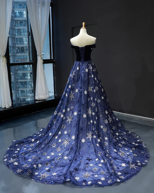 Chic / Beautiful Royal Blue Velour Evening Dresses  2023 A-Line / Princess Off-The-Shoulder Short Sleeve Glitter Appliques Star Chapel Train Ruffle Backless Formal Dresses