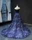 Chic / Beautiful Royal Blue Velour Evening Dresses  2023 A-Line / Princess Off-The-Shoulder Short Sleeve Glitter Appliques Star Chapel Train Ruffle Backless Formal Dresses