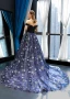 Chic / Beautiful Royal Blue Velour Evening Dresses  2023 A-Line / Princess Off-The-Shoulder Short Sleeve Glitter Appliques Star Chapel Train Ruffle Backless Formal Dresses