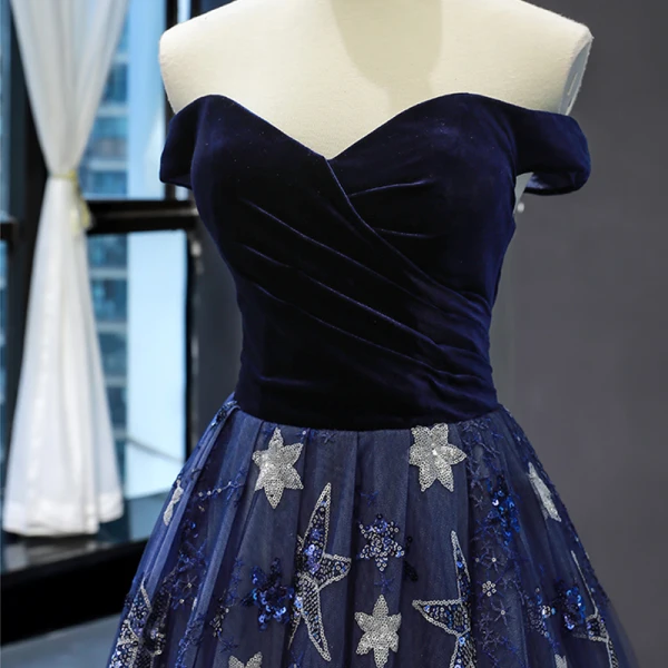 Chic / Beautiful Royal Blue Velour Evening Dresses  2023 A-Line / Princess Off-The-Shoulder Short Sleeve Glitter Appliques Star Chapel Train Ruffle Backless Formal Dresses