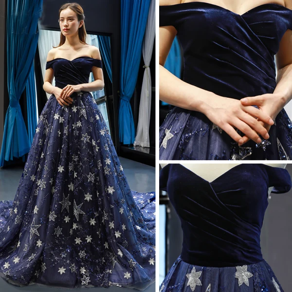 Chic / Beautiful Royal Blue Velour Evening Dresses  2023 A-Line / Princess Off-The-Shoulder Short Sleeve Glitter Appliques Star Chapel Train Ruffle Backless Formal Dresses