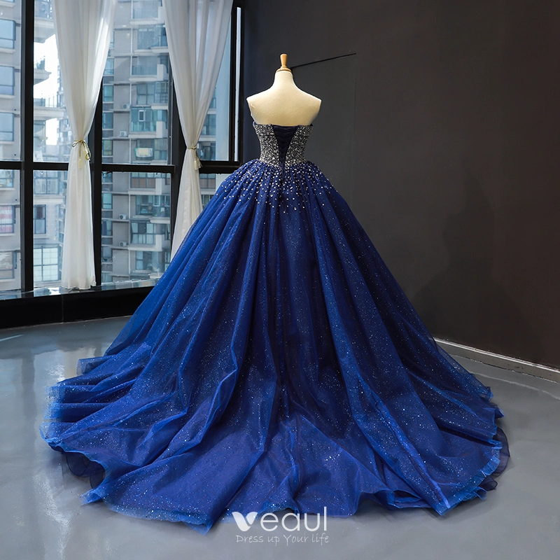 Royal Blue Sparkly Tulle Prom Gown Shiny Ball Gown Corset Back Long Pr –  SheerGirl