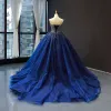 Starry Sky Royal Blue Prom Dresses 2023 Ball Gown Sweetheart Sleeveless Beading Glitter Tulle Chapel Train Ruffle Backless Formal Dresses