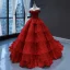 Luxury / Gorgeous Red Bridal Wedding Dresses 2023 Ball Gown Off-The-Shoulder Short Sleeve Backless Appliques Lace Chapel Train Cascading Ruffles