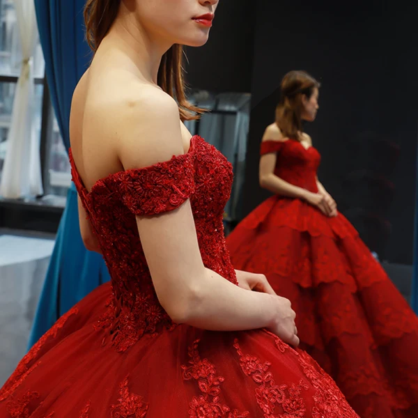 Luxury / Gorgeous Red Bridal Wedding Dresses 2023 Ball Gown Off-The-Shoulder Short Sleeve Backless Appliques Lace Chapel Train Cascading Ruffles