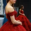 Luxury / Gorgeous Red Bridal Wedding Dresses 2023 Ball Gown Off-The-Shoulder Short Sleeve Backless Appliques Lace Chapel Train Cascading Ruffles