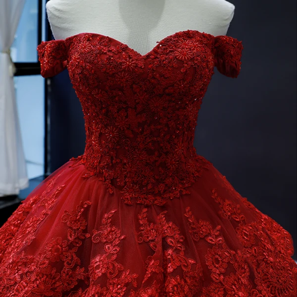 Luxury / Gorgeous Red Bridal Wedding Dresses 2023 Ball Gown Off-The-Shoulder Short Sleeve Backless Appliques Lace Chapel Train Cascading Ruffles