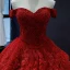 Luxury / Gorgeous Red Bridal Wedding Dresses 2023 Ball Gown Off-The-Shoulder Short Sleeve Backless Appliques Lace Chapel Train Cascading Ruffles