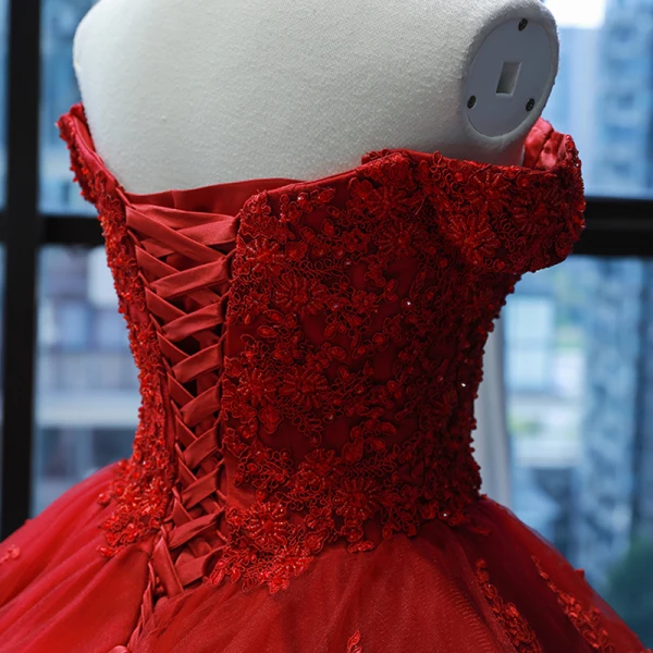 Luxury / Gorgeous Red Bridal Wedding Dresses 2023 Ball Gown Off-The-Shoulder Short Sleeve Backless Appliques Lace Chapel Train Cascading Ruffles