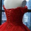 Luxury / Gorgeous Red Bridal Wedding Dresses 2023 Ball Gown Off-The-Shoulder Short Sleeve Backless Appliques Lace Chapel Train Cascading Ruffles