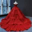 Luxury / Gorgeous Red Bridal Wedding Dresses 2023 Ball Gown Off-The-Shoulder Short Sleeve Backless Appliques Lace Chapel Train Cascading Ruffles