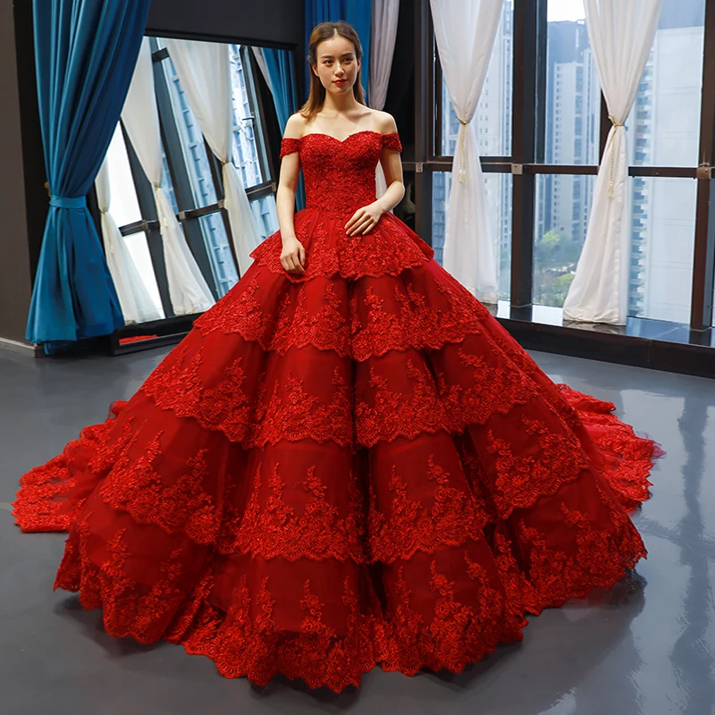Luxury Gorgeous Red Bridal Wedding Dresses 2023 Ball Gown Off The Shoulder  Short Sleeve Backless Appliques Lace Chapel Train Cascading Ruffles