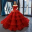 Luxury / Gorgeous Red Bridal Wedding Dresses 2023 Ball Gown Off-The-Shoulder Short Sleeve Backless Appliques Lace Chapel Train Cascading Ruffles