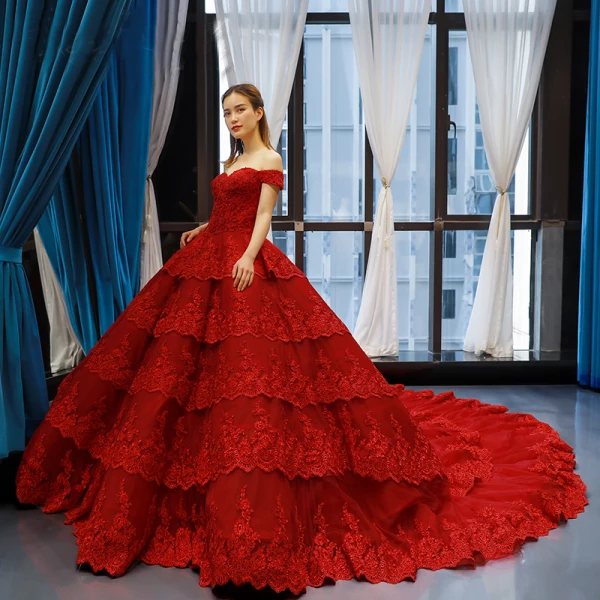 Luxury / Gorgeous Red Bridal Wedding Dresses 2023 Ball Gown Off-The-Shoulder Short Sleeve Backless Appliques Lace Chapel Train Cascading Ruffles
