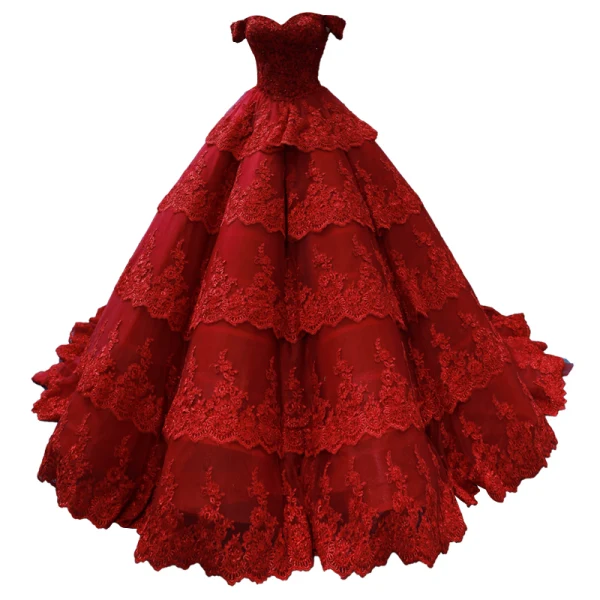 Luxury / Gorgeous Red Bridal Wedding Dresses 2023 Ball Gown Off-The-Shoulder Short Sleeve Backless Appliques Lace Chapel Train Cascading Ruffles