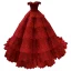 Luxury / Gorgeous Red Bridal Wedding Dresses 2023 Ball Gown Off-The-Shoulder Short Sleeve Backless Appliques Lace Chapel Train Cascading Ruffles