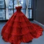 Luxury / Gorgeous Red Bridal Wedding Dresses 2023 Ball Gown Off-The-Shoulder Short Sleeve Backless Appliques Lace Chapel Train Cascading Ruffles