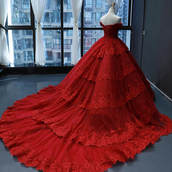 Luxury / Gorgeous Red Bridal Wedding Dresses 2023 Ball Gown Off-The-Shoulder Short Sleeve Backless Appliques Lace Chapel Train Cascading Ruffles