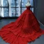 Luxury / Gorgeous Red Bridal Wedding Dresses 2023 Ball Gown Off-The-Shoulder Short Sleeve Backless Appliques Lace Chapel Train Cascading Ruffles
