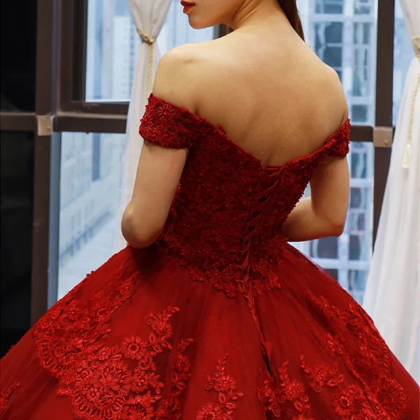 Luxury / Gorgeous Red Bridal Wedding Dresses 2023 Ball Gown Off-The-Shoulder Short Sleeve Backless Appliques Lace Chapel Train Cascading Ruffles