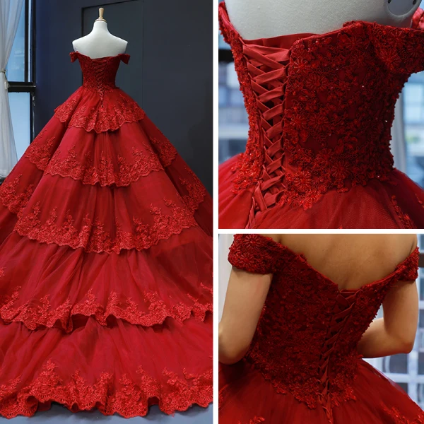 Luxury / Gorgeous Red Bridal Wedding Dresses 2023 Ball Gown Off-The-Shoulder Short Sleeve Backless Appliques Lace Chapel Train Cascading Ruffles