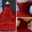 Luxury / Gorgeous Red Bridal Wedding Dresses 2023 Ball Gown Off-The-Shoulder Short Sleeve Backless Appliques Lace Chapel Train Cascading Ruffles
