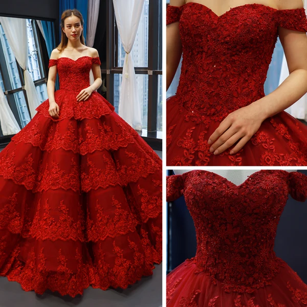 Luxury / Gorgeous Red Bridal Wedding Dresses 2023 Ball Gown Off-The-Shoulder Short Sleeve Backless Appliques Lace Chapel Train Cascading Ruffles