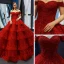 Luxury / Gorgeous Red Bridal Wedding Dresses 2023 Ball Gown Off-The-Shoulder Short Sleeve Backless Appliques Lace Chapel Train Cascading Ruffles