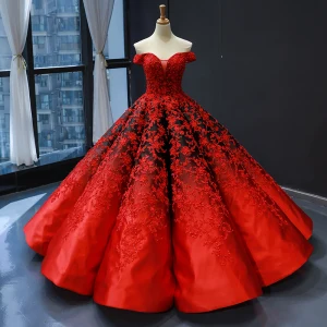 Luksus Rød Svart Satin Dancing Ballkjoler 2023 Ballkjole Av Skulderen Korte Ermer Ryggløse Appliques Blonder Beading Perle Lange