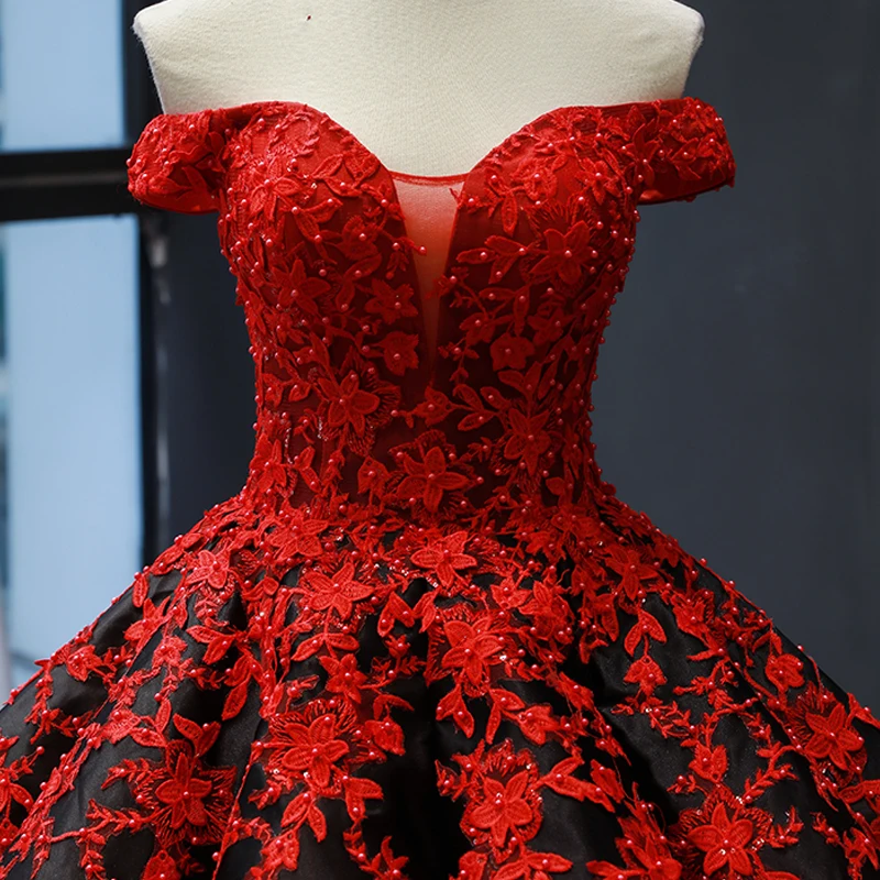 Luxury Gorgeous Red Black Satin Dancing Prom Dresses 2023 Ball Gown Off-The-Shoulder