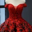 Luxury / Gorgeous Red Black Satin Dancing Prom Dresses 2023 Ball Gown Off-The-Shoulder Short Sleeve Backless Appliques Lace Beading Pearl Floor-Length / Long