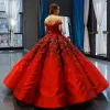 Luxury / Gorgeous Red Black Satin Dancing Prom Dresses 2023 Ball Gown Off-The-Shoulder Short Sleeve Backless Appliques Lace Beading Pearl Floor-Length / Long