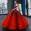 Luxury / Gorgeous Red Black Satin Dancing Prom Dresses 2023 Ball Gown Off-The-Shoulder Short Sleeve Backless Appliques Lace Beading Pearl Floor-Length / Long