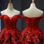 Luxury / Gorgeous Red Black Satin Dancing Prom Dresses 2023 Ball Gown Off-The-Shoulder Short Sleeve Backless Appliques Lace Beading Pearl Floor-Length / Long