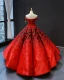 Luxury / Gorgeous Red Black Satin Dancing Prom Dresses 2023 Ball Gown Off-The-Shoulder Short Sleeve Backless Appliques Lace Beading Pearl Floor-Length / Long