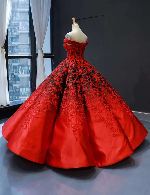 Luxury / Gorgeous Red Black Satin Dancing Prom Dresses 2023 Ball Gown Off-The-Shoulder Short Sleeve Backless Appliques Lace Beading Pearl Floor-Length / Long
