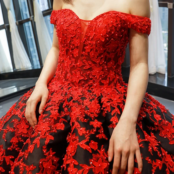Luxury / Gorgeous Red Black Satin Dancing Prom Dresses 2023 Ball Gown Off-The-Shoulder Short Sleeve Backless Appliques Lace Beading Pearl Floor-Length / Long