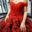 Luxury / Gorgeous Red Black Satin Dancing Prom Dresses 2023 Ball Gown Off-The-Shoulder Short Sleeve Backless Appliques Lace Beading Pearl Floor-Length / Long