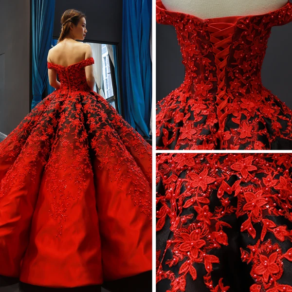 Luxury / Gorgeous Red Black Satin Dancing Prom Dresses 2023 Ball Gown Off-The-Shoulder Short Sleeve Backless Appliques Lace Beading Pearl Floor-Length / Long